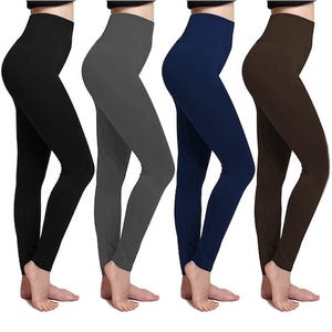 Four high-waist leggings in black, gray, navy blue, and brown, displaying a seamless design and ankle-length fit, highlighting their versatility and comfort.