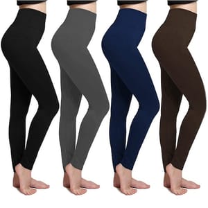 Four high-waist leggings in black, gray, navy blue, and brown, displaying a seamless design and ankle-length fit, highlighting their versatility and comfort.