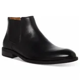 Black leather Chelsea boot with elastic side panels and a low heel.