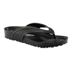 A black thong-style sandal with textured straps and branding from Birkenstock, featuring a contoured footbed and durable sole.