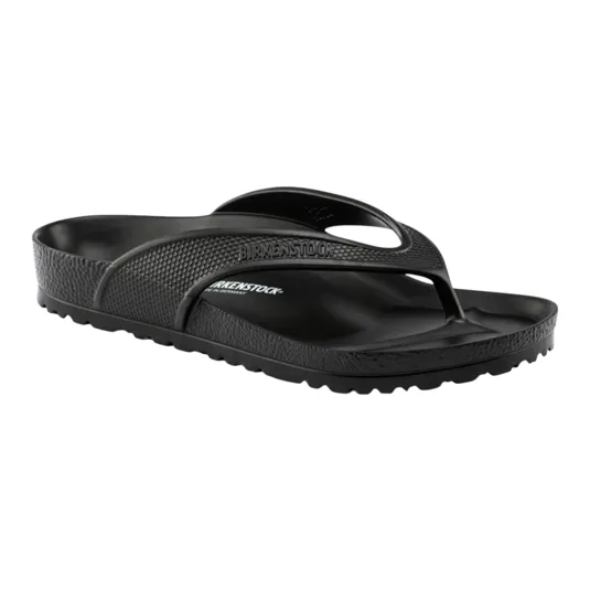 A black thong-style sandal with textured straps and branding from Birkenstock, featuring a contoured footbed and durable sole.