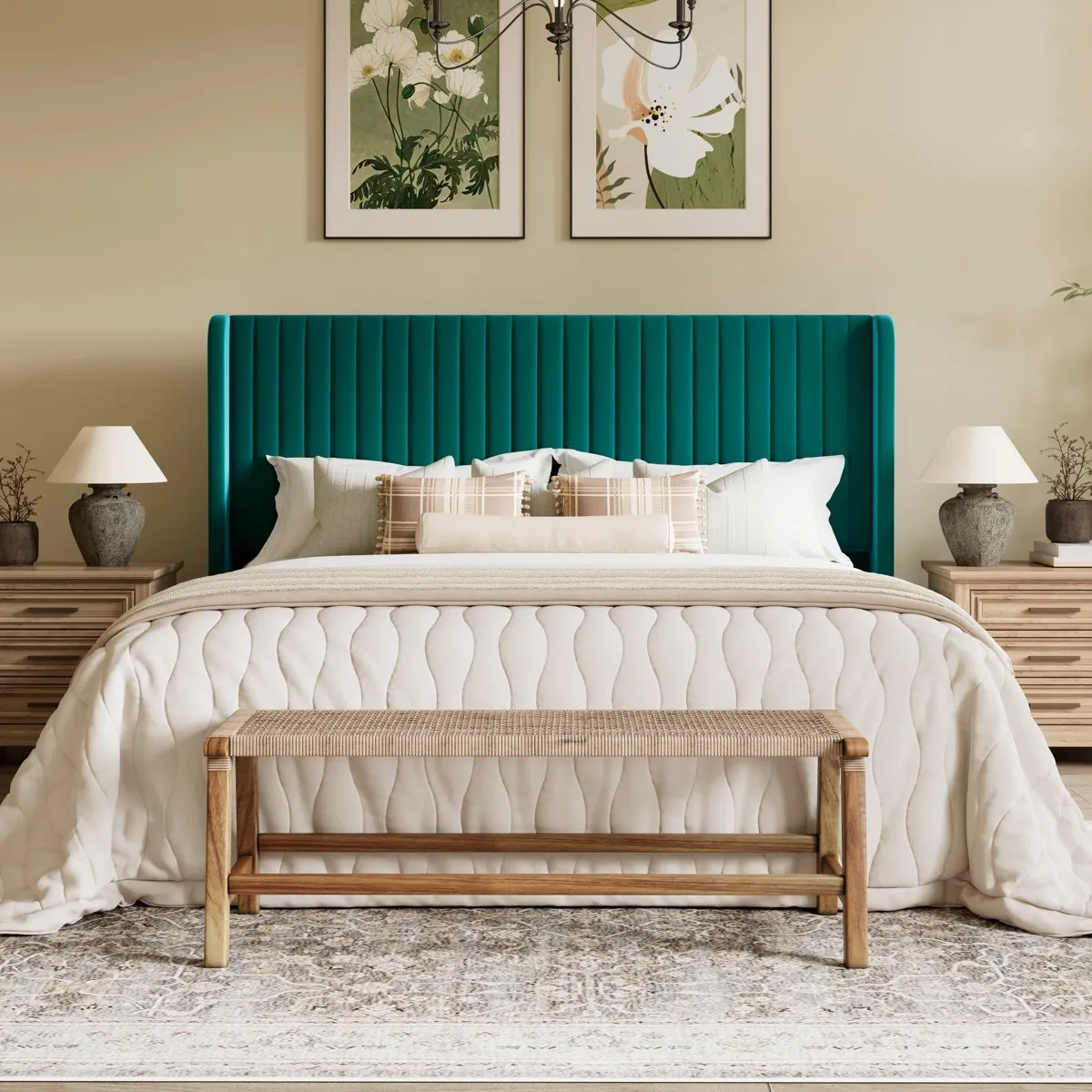 A bedroom features a teal upholstered headboard, cream quilted bedding, and patterned pillows, flanked by two wooden nightstands with lamps. Decorative art hangs above, and a woven bench sits at the foot of the bed on a patterned rug.