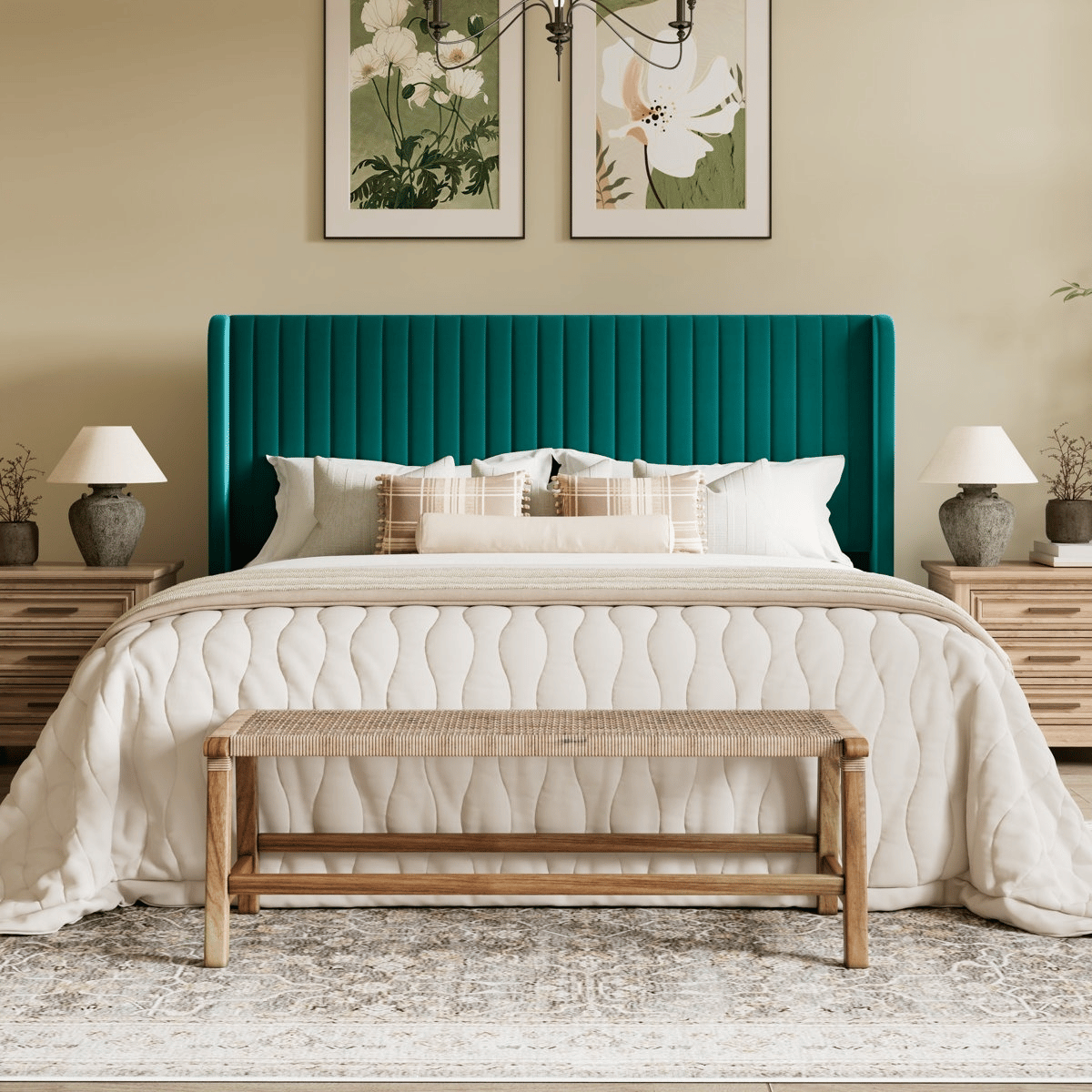 A bedroom features a teal upholstered headboard, cream quilted bedding, and patterned pillows, flanked by two wooden nightstands with lamps. Decorative art hangs above, and a woven bench sits at the foot of the bed on a patterned rug.