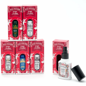 Poo-Pourri bathroom sprays, designed to trap odors, are displayed in red packaging with various scents including \“Fujiyama Fir\“ and \“Disco Delight.\“ A separate spray bottle with a floral design is also shown.