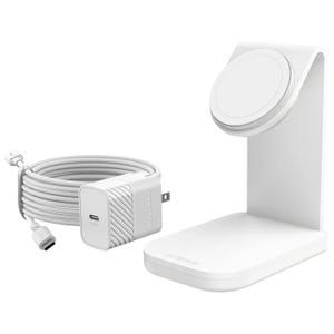 OtterBox MagSafe Charger includes a white magnetic charging stand for iPhones equipped with MagSafe and a 20W USB-C wall adapter with a USB-C cable designed for efficient charging.