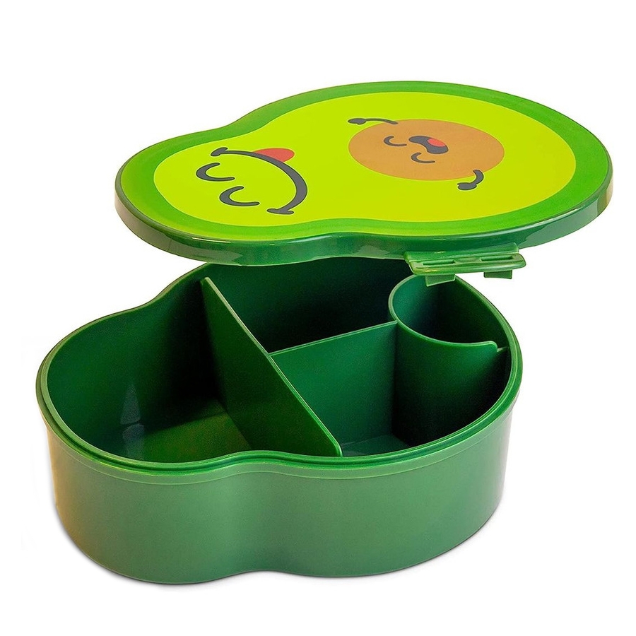 Green bento lunch box with animal design on the lid, featuring four compartments for separating food.