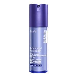 StriVectin Advanced Hydration Lactic Acid Nightly Retexturizing Serum with NIA-114 technology in a purple pump bottle.