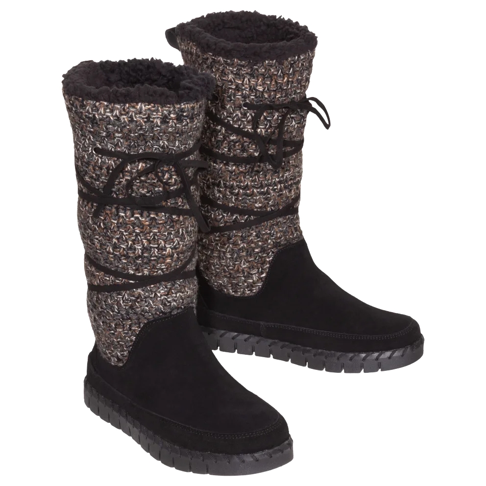 Tall winter boots with black suede lower and multicolored knit upper, featuring lace-up detailing and cozy lining.