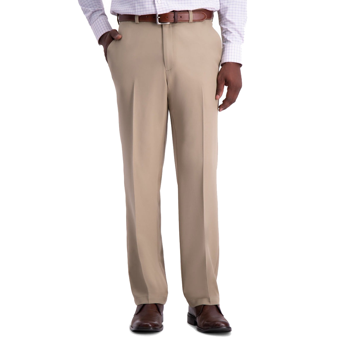 A person wearing beige dress pants with a brown belt, checkered dress shirt, and brown shoes.