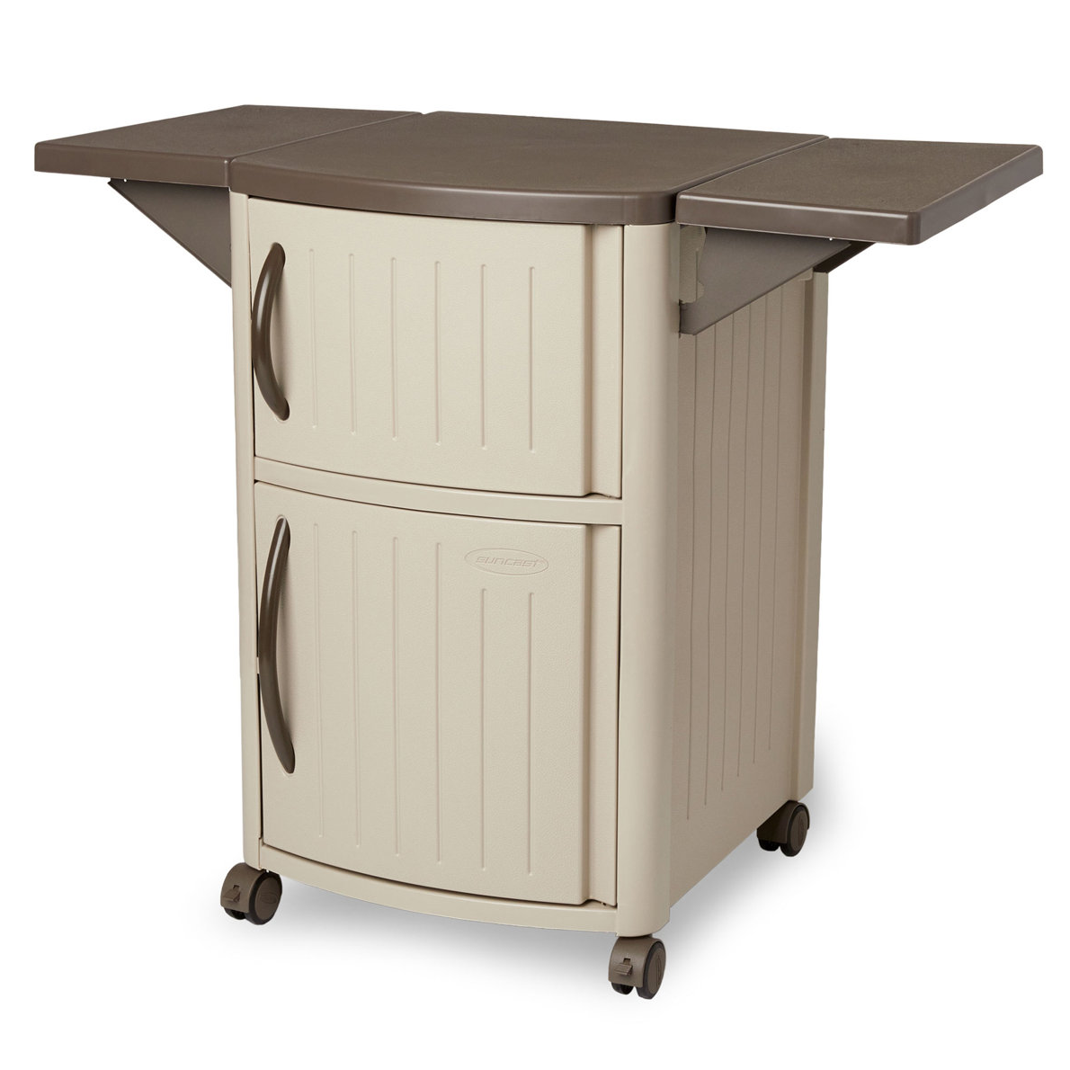 Mobile outdoor prep station with two cabinet doors, foldable side tables, and wheels for easy movement.