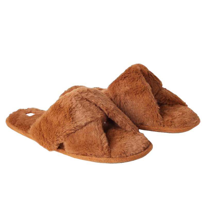 Cozy brown faux-fur slides featuring a crisscross design on the upper part and a plush, soft sole for comfort.