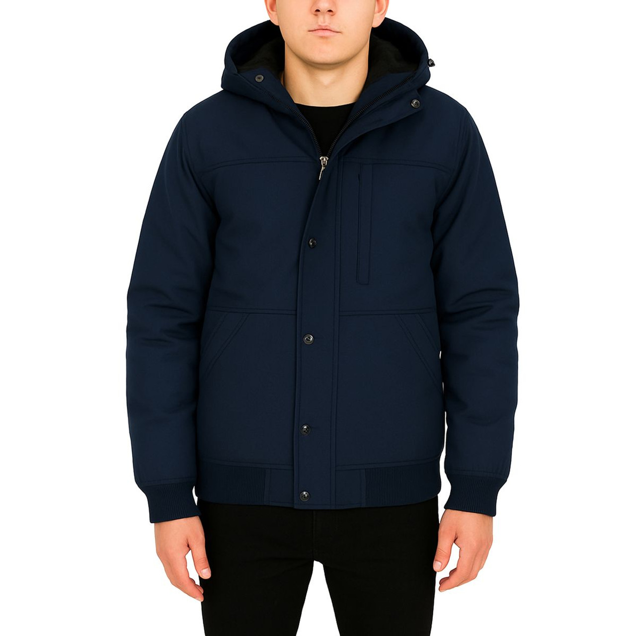 A navy blue hooded jacket with front pockets and a zippered closure, worn over a black shirt.