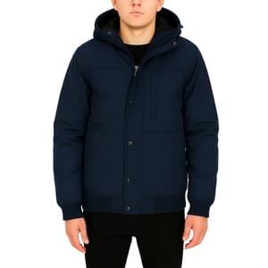 A navy blue hooded jacket with front pockets and a zippered closure, worn over a black shirt.