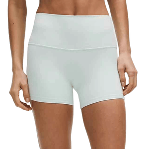 Lululemon Align High-Rise Short 4\“ is a light green athletic short featuring a high waistband designed for comfort and movement.