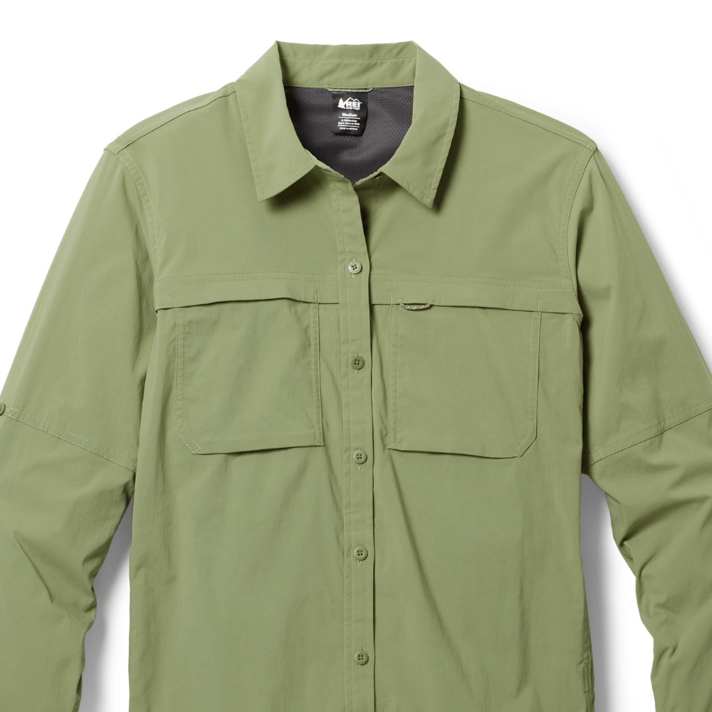 Olive green long-sleeve button-up shirt with two chest pockets and a collared design.