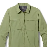 Olive green long-sleeve button-up shirt with two chest pockets and a collared design.
