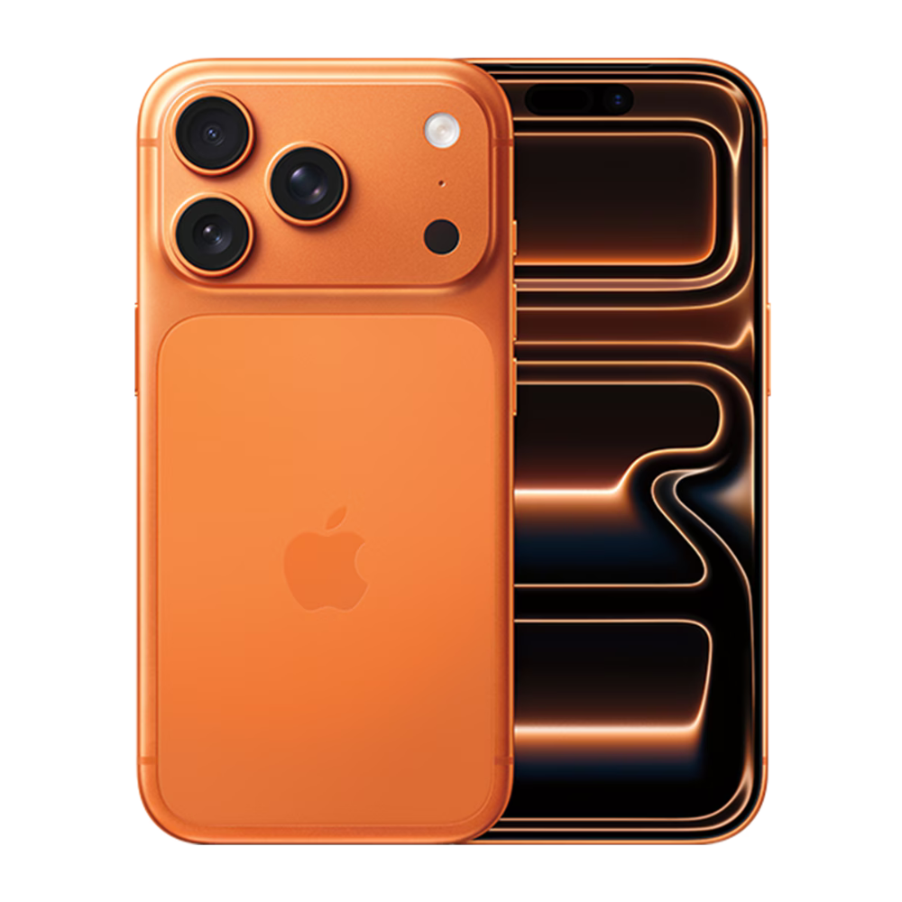 Orange Apple iPhone with a triple-lens camera setup on the back and a dynamic display on the front.