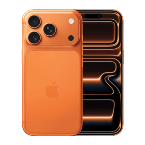 Orange Apple iPhone with a triple-lens camera setup on the back and a dynamic display on the front.