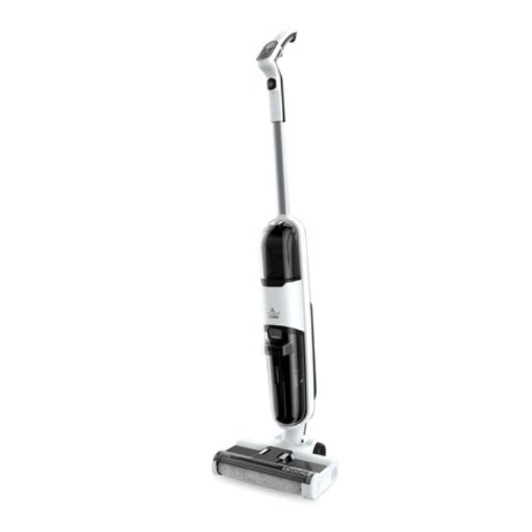 Bissell Cordless Wet/Dry Vacuum; a sleek, lightweight floor cleaner combining vacuuming and washing functions. It features a long handle, a detachable tank, and a roller brush, designed for easy maneuverability and efficient cleaning on various surfaces.