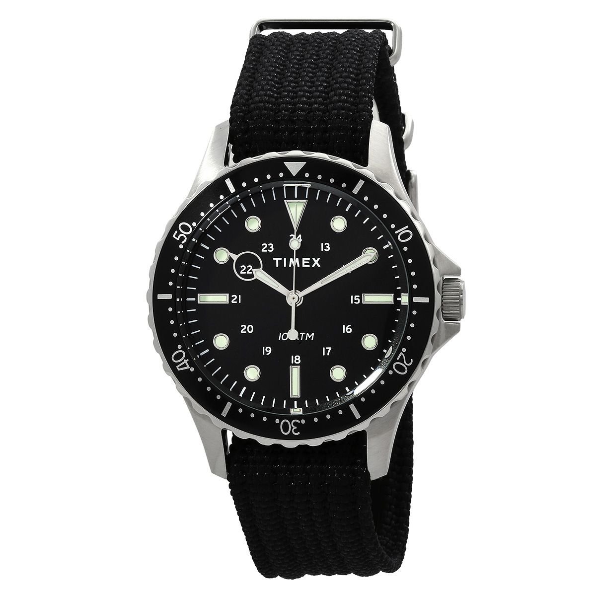 A Timex watch with a black dial, luminescent marks, and a black fabric strap.
