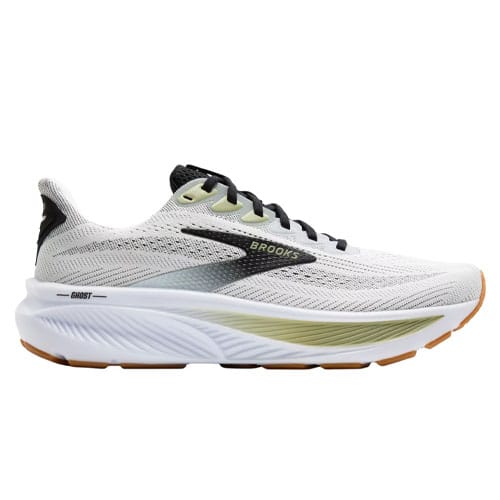 A white Brooks Ghost running shoe featuring a breathable mesh upper, black and green accents, and a cushioned sole designed for comfort and support.