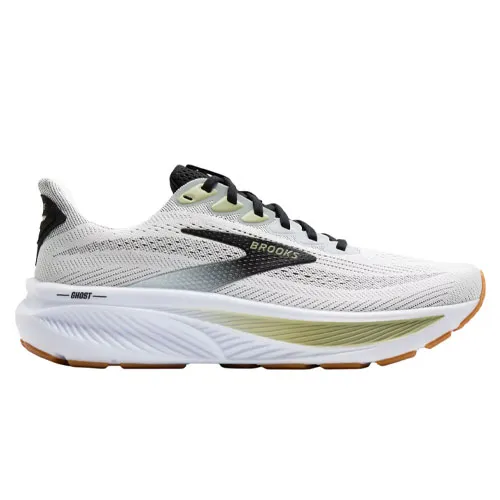 A white Brooks Ghost running shoe featuring a breathable mesh upper, black and green accents, and a cushioned sole designed for comfort and support.