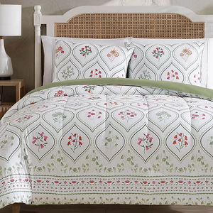 A bed is adorned with a floral-patterned comforter and matching pillows featuring red, orange, and green designs on a white background. A green trim accentuates the comforter, which is laid on a white and cane headboard bed.