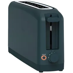 A sleek, dark teal toaster with a side lever, a cancel button, and a browning control dial ranging from 1 to 6.