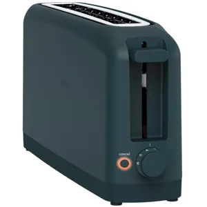 A sleek, dark teal toaster with a side lever, a cancel button, and a browning control dial ranging from 1 to 6.