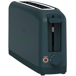 A sleek, dark teal toaster with a side lever, a cancel button, and a browning control dial ranging from 1 to 6.