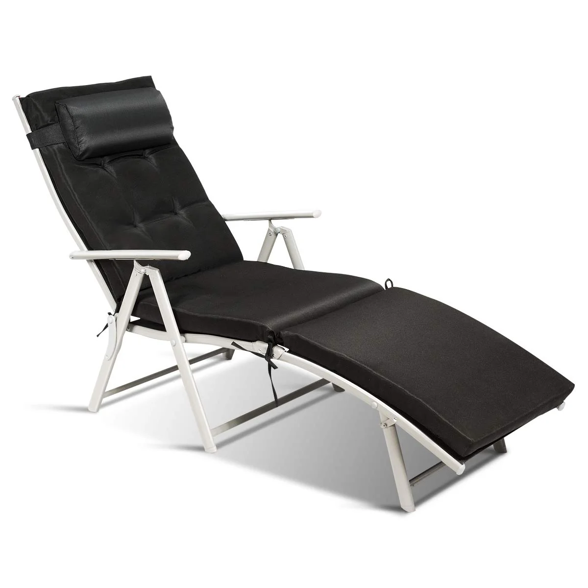 A reclining outdoor lounge chair with a white frame, cushioned backrest, head pillow, and black padding.