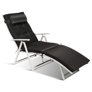A reclining outdoor lounge chair with a white frame, cushioned backrest, head pillow, and black padding.