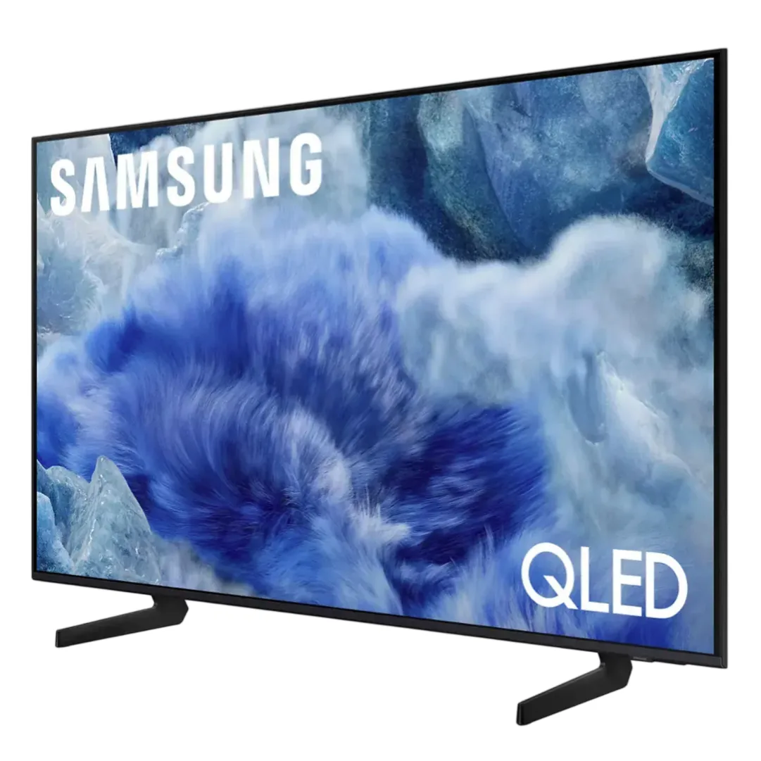 Samsung QLED TV with a slim design and dual stand, displaying a vibrant blue abstract image on the screen.