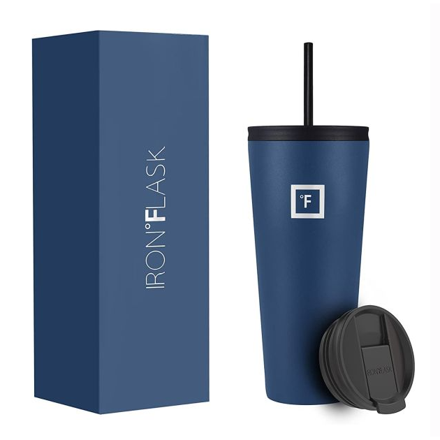 Blue Iron Flask branded insulated tumbler with straw and flip lid, and its packaging box.