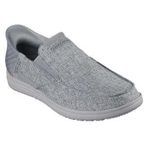 Gray slip-on shoe with a textured fabric design, labeled \“Skechers\“ on the top and sides.