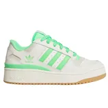 Adidas sneaker with neon green accents, beige upper, and gum sole featuring the classic three stripes design.
