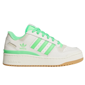 Adidas sneaker with neon green accents, beige upper, and gum sole featuring the classic three stripes design.