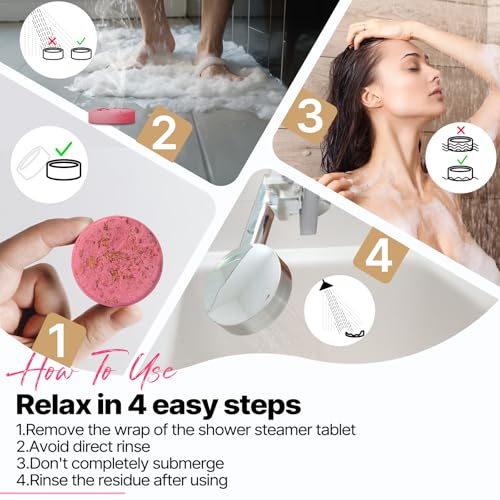 Steps for using a shower steamer: 1. Unwrap the tablet, 2. Avoid direct water, 3. Don’t submerge, 4. Rinse residue after use.