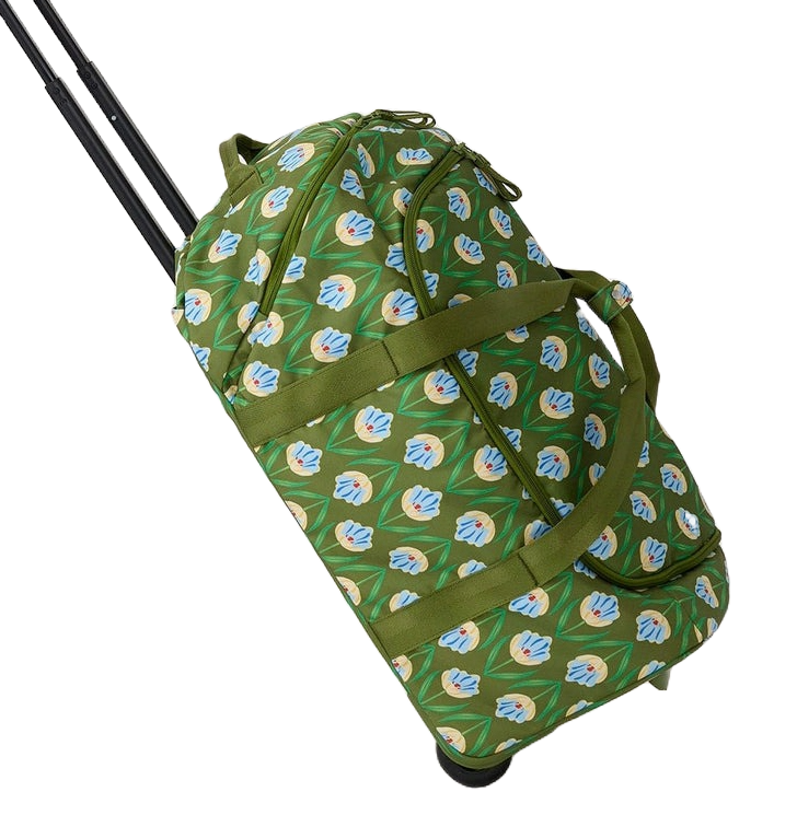 A green duffel bag with wheels and a pull handle, featuring a pattern of blue and white flowers and green leaves.
