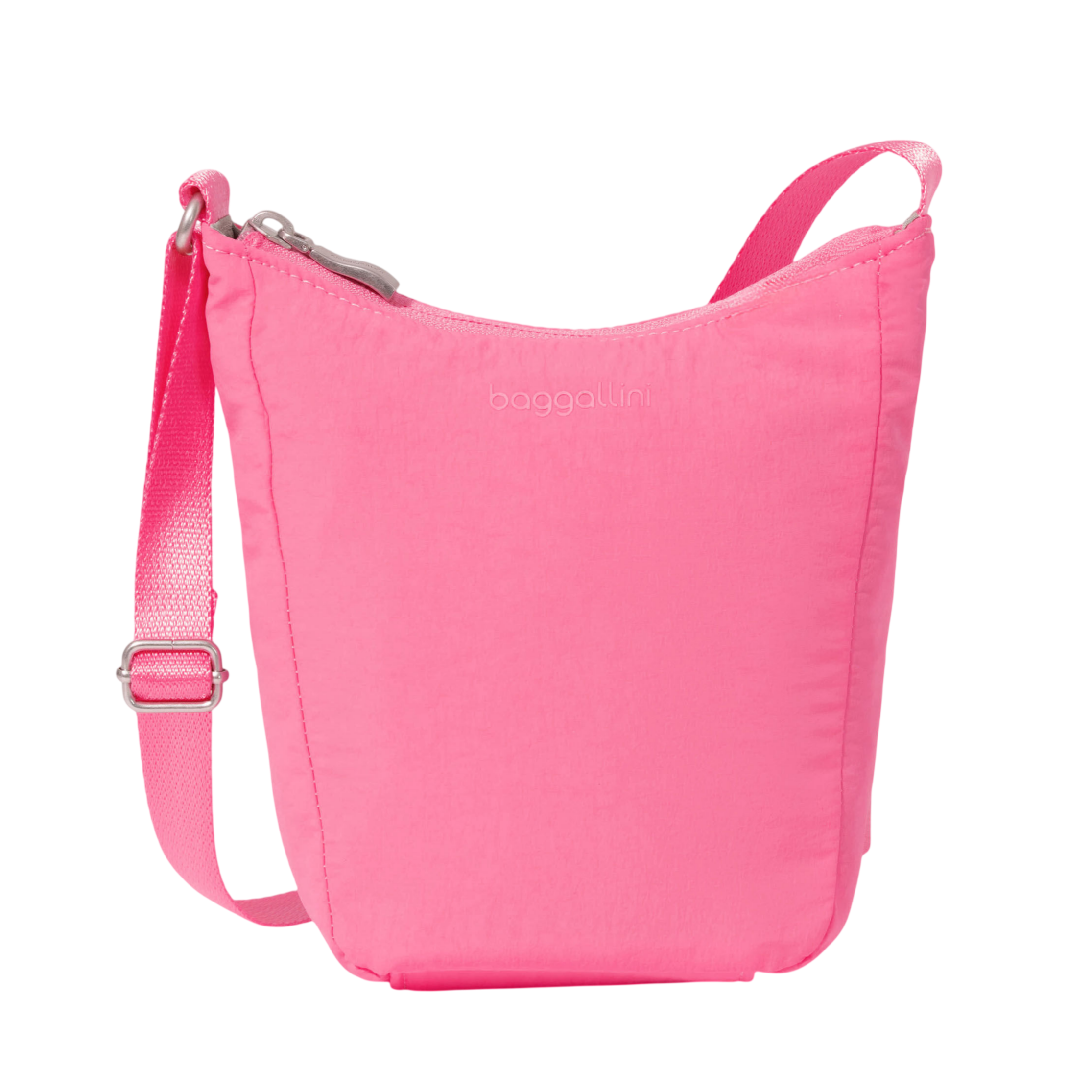 A bright pink, compact crossbody bag with a zipper closure and adjustable strap, featuring the brand name \“Baggallini\“ on the front.