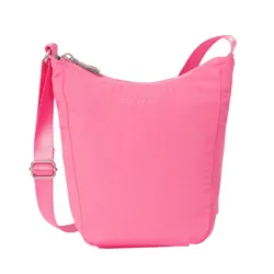 A bright pink, compact crossbody bag with a zipper closure and adjustable strap, featuring the brand name \“Baggallini\“ on the front.