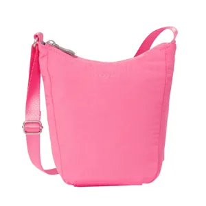 A bright pink, compact crossbody bag with a zipper closure and adjustable strap, featuring the brand name \“Baggallini\“ on the front.