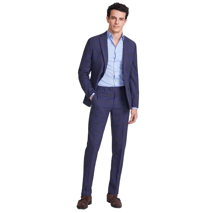 Men's slim-fit suit pants in navy with a subtle plaid pattern, paired with a light blue dress shirt and brown loafers for a stylish, modern look.
