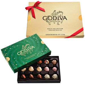 Two Godiva chocolate boxes are shown: a gold \“Gold Collection Signature Selection\“ and a green \“Truffles Collection,\“ both featuring assorted chocolates.