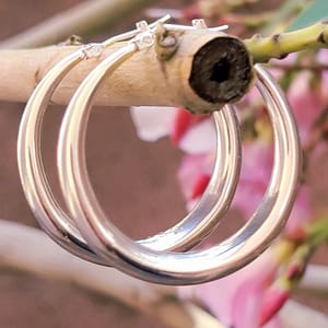 Two silver hoop earrings are displayed hanging on a branch, with a blurred floral background.