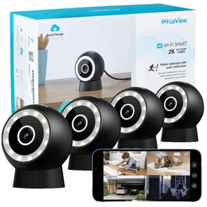 LaView Wi-Fi Smart 2K Outdoor Cameras (4-pack) offer HD video, motion detection, and push notifications. They connect to cloud storage and are compatible with mobile viewing for added security.