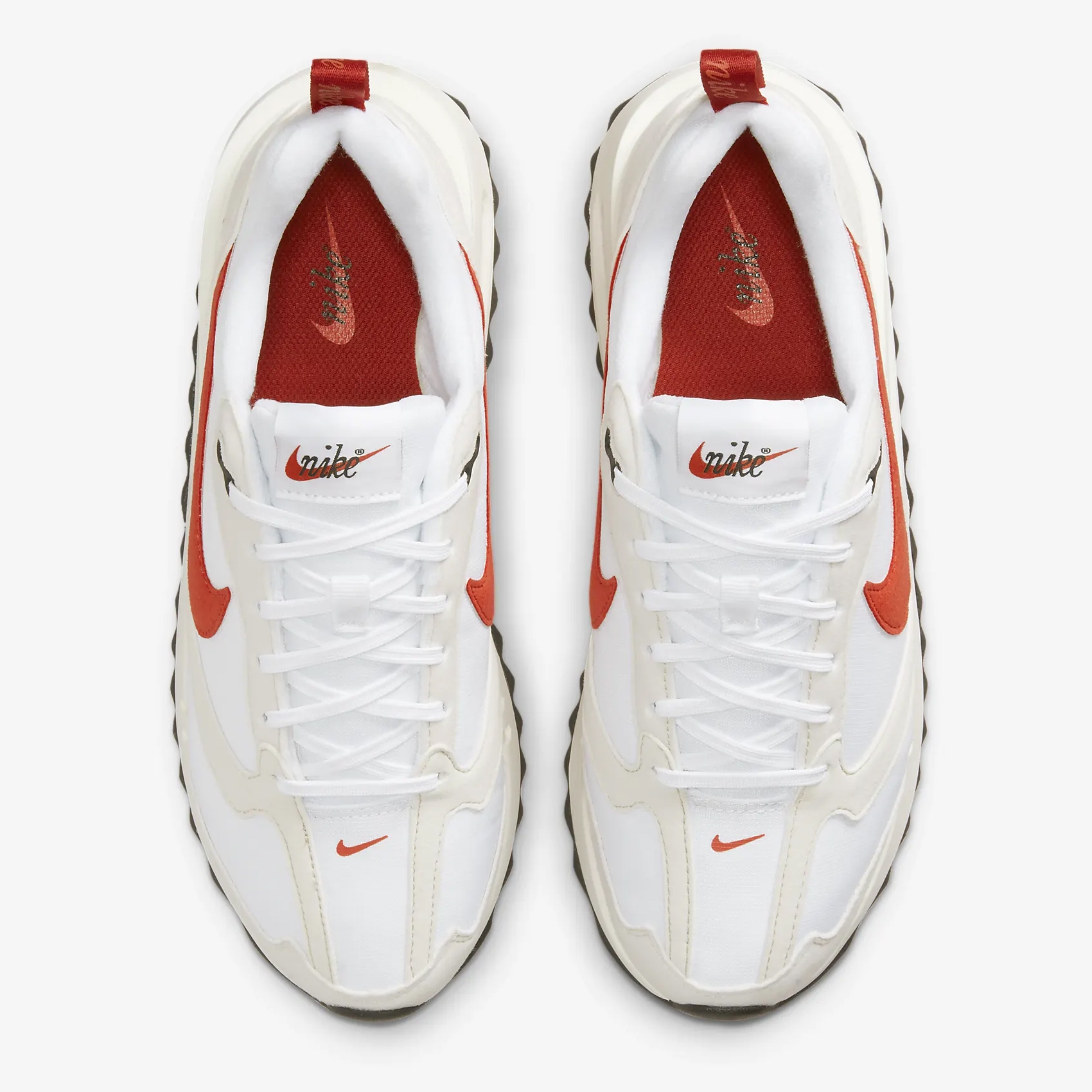 A pair of white and red sneakers with the Nike logo are shown from a top-down perspective.