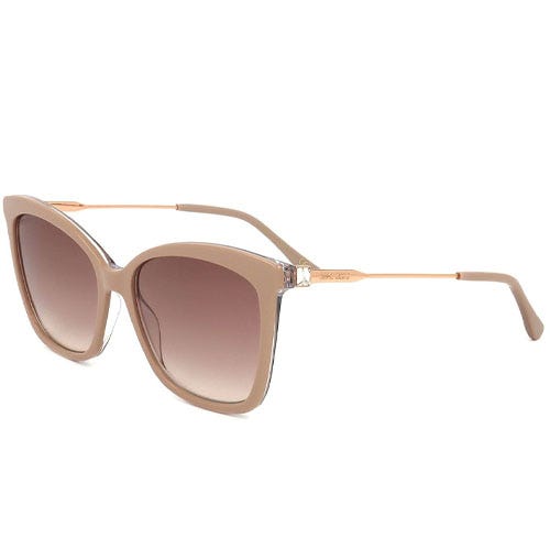 A pair of tan sunglasses with gold wire sides.