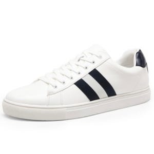 White lace-up sneakers with two dark blue stripes on the side and a matching blue heel accent, featuring a low-top design and white rubber sole.