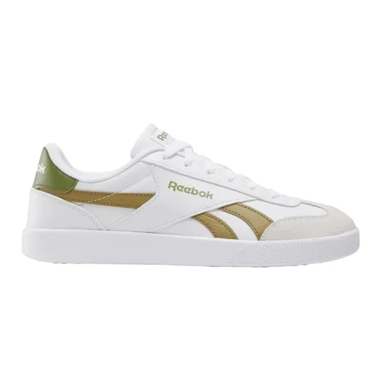Reebok sneakers feature a white leather upper with green and gold accents, branded with the Reebok logo on the side and heel.